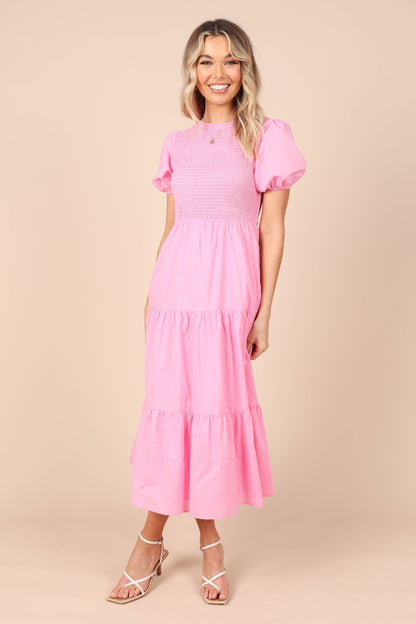 Naura Shirred Tiered Midi Dress - Pink