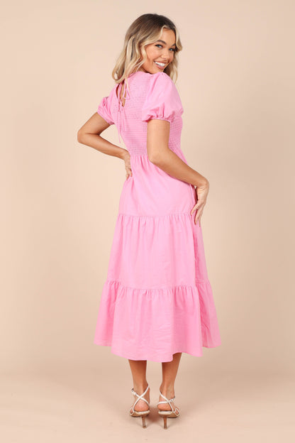 Naura Shirred Tiered Midi Dress - Pink