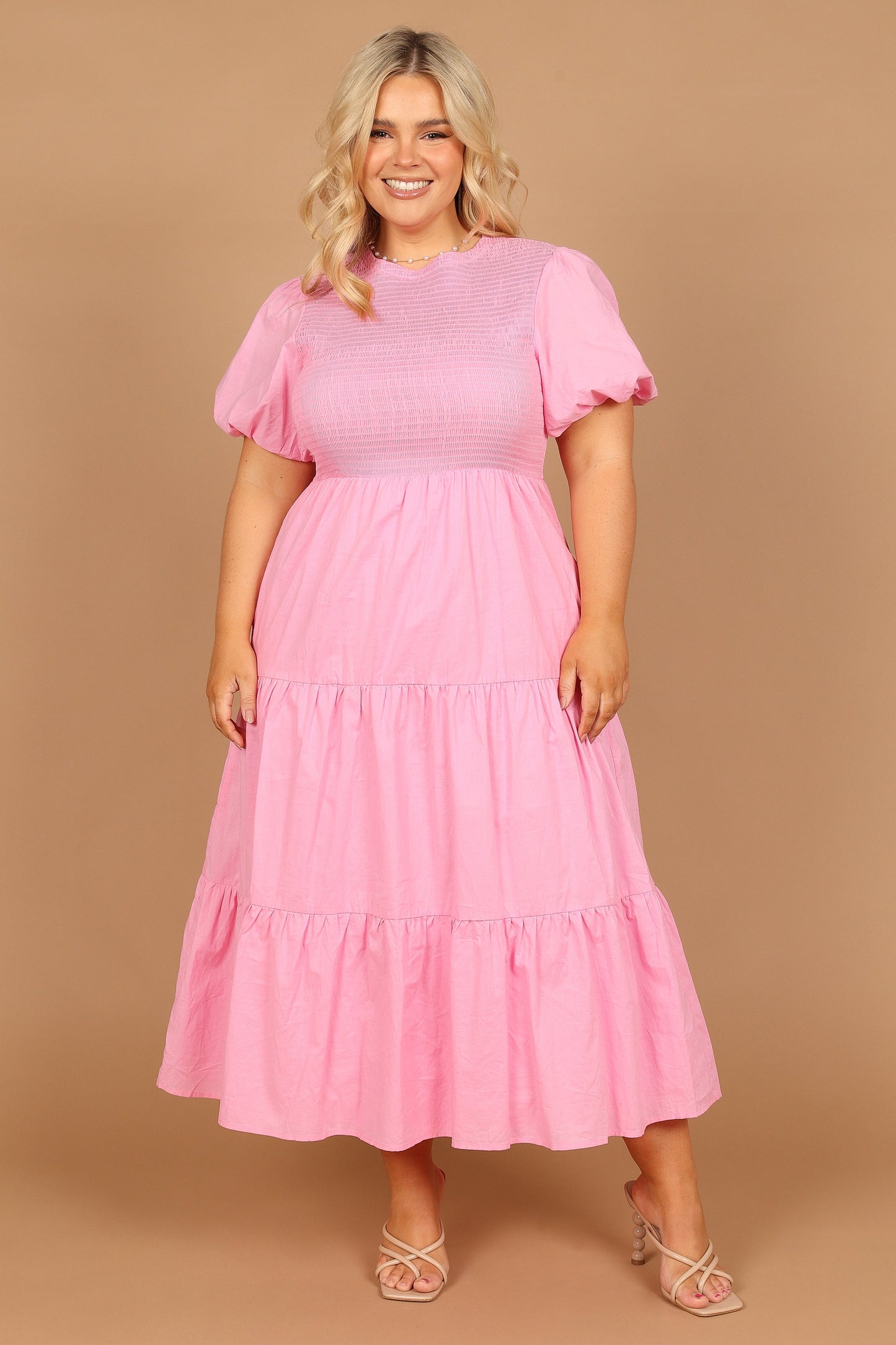 Naura Shirred Tiered Midi Dress - Pink