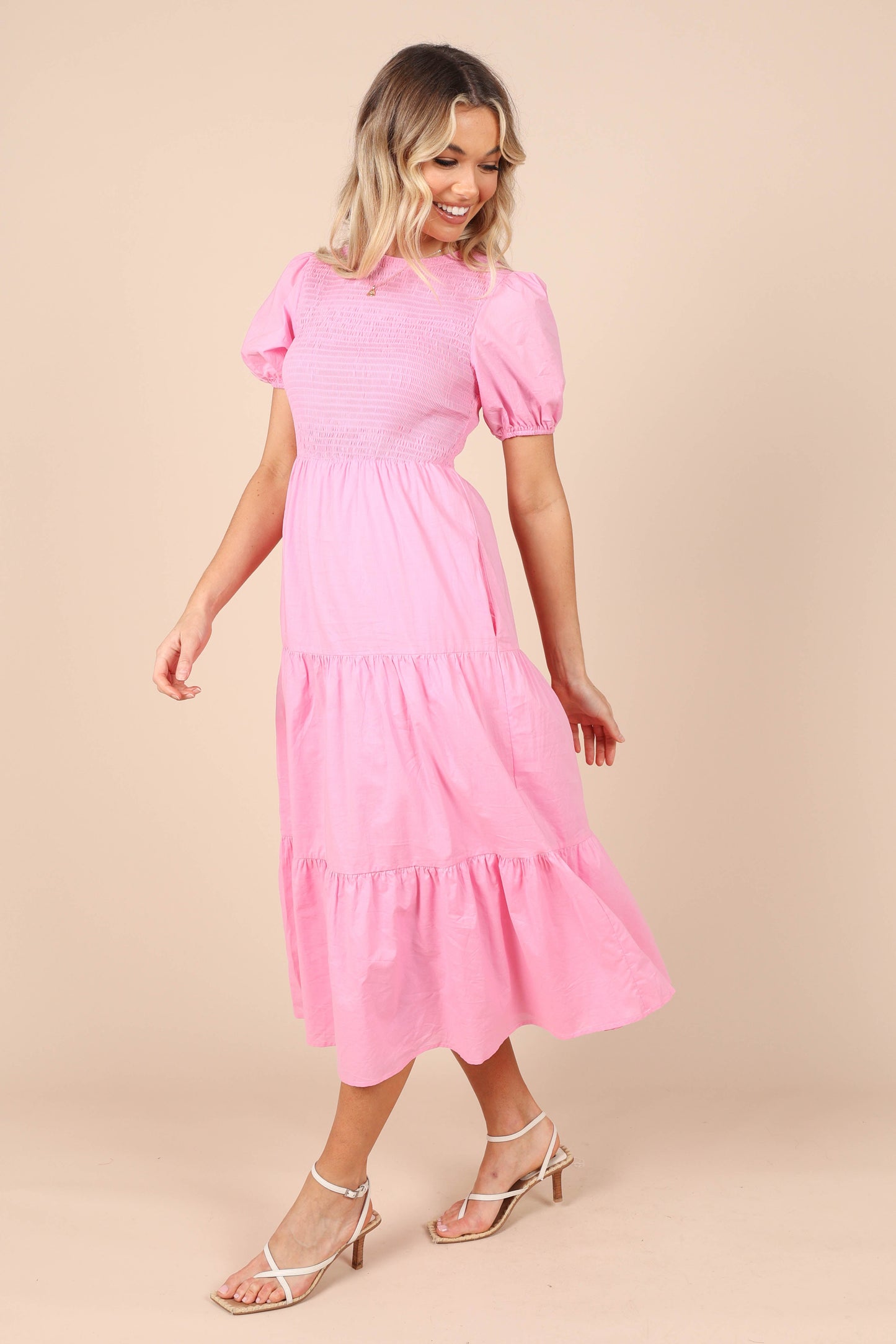 Naura Shirred Tiered Midi Dress - Pink