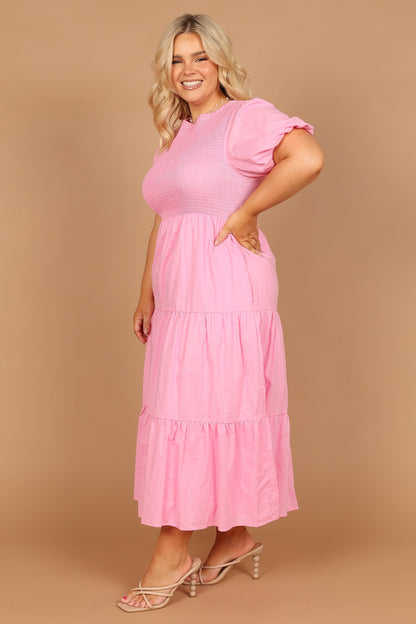 Naura Shirred Tiered Midi Dress - Pink