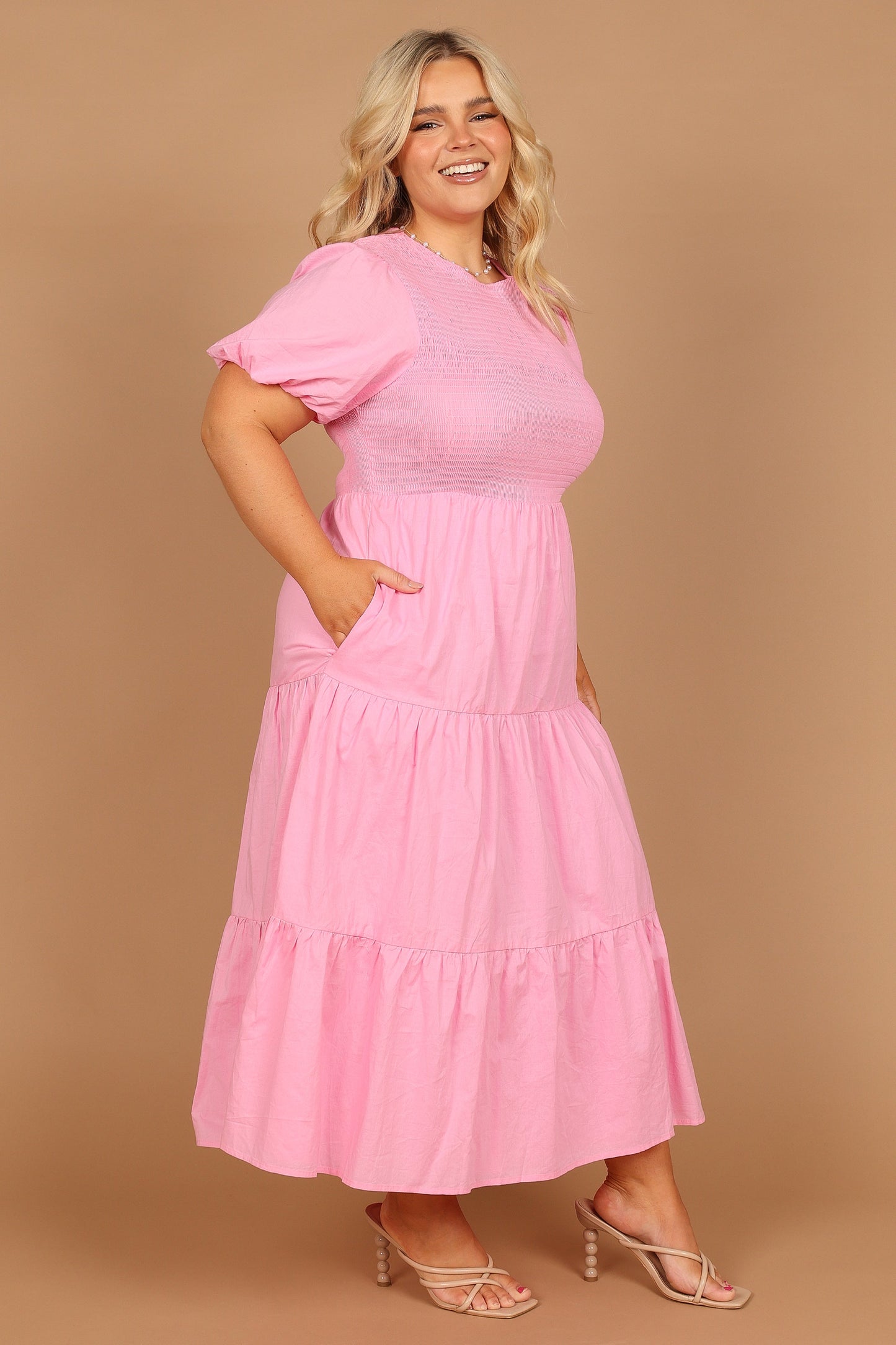 Naura Shirred Tiered Midi Dress - Pink