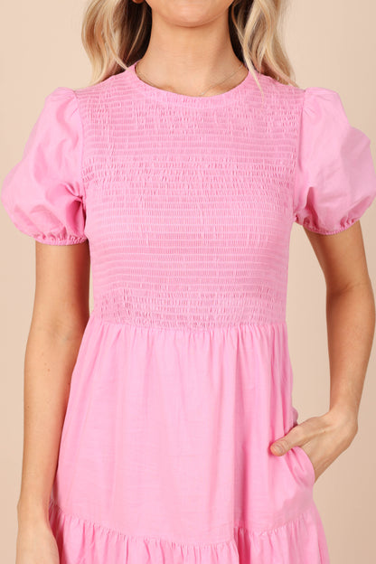 Naura Shirred Tiered Midi Dress - Pink