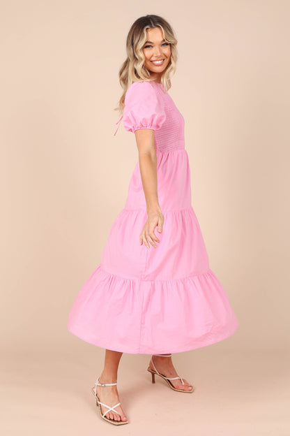 Naura Shirred Tiered Midi Dress - Pink