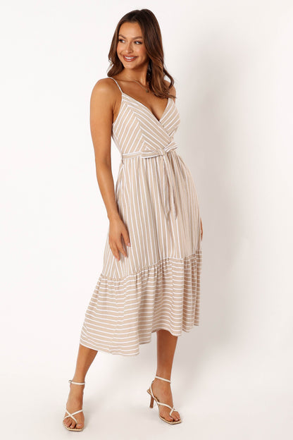 Odette Midi Dress - Beige Stripe