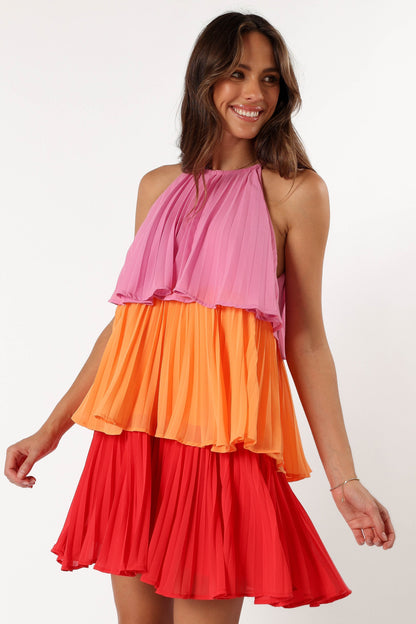 Shortcake Tiered Mini Dress - Pink Orange Red