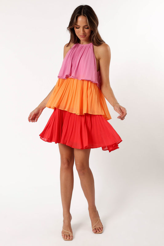 Shortcake Tiered Mini Dress - Pink Orange Red