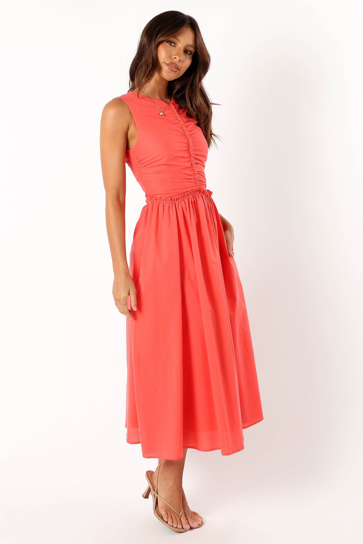 Violetta Ruched Midi Dress - Coral