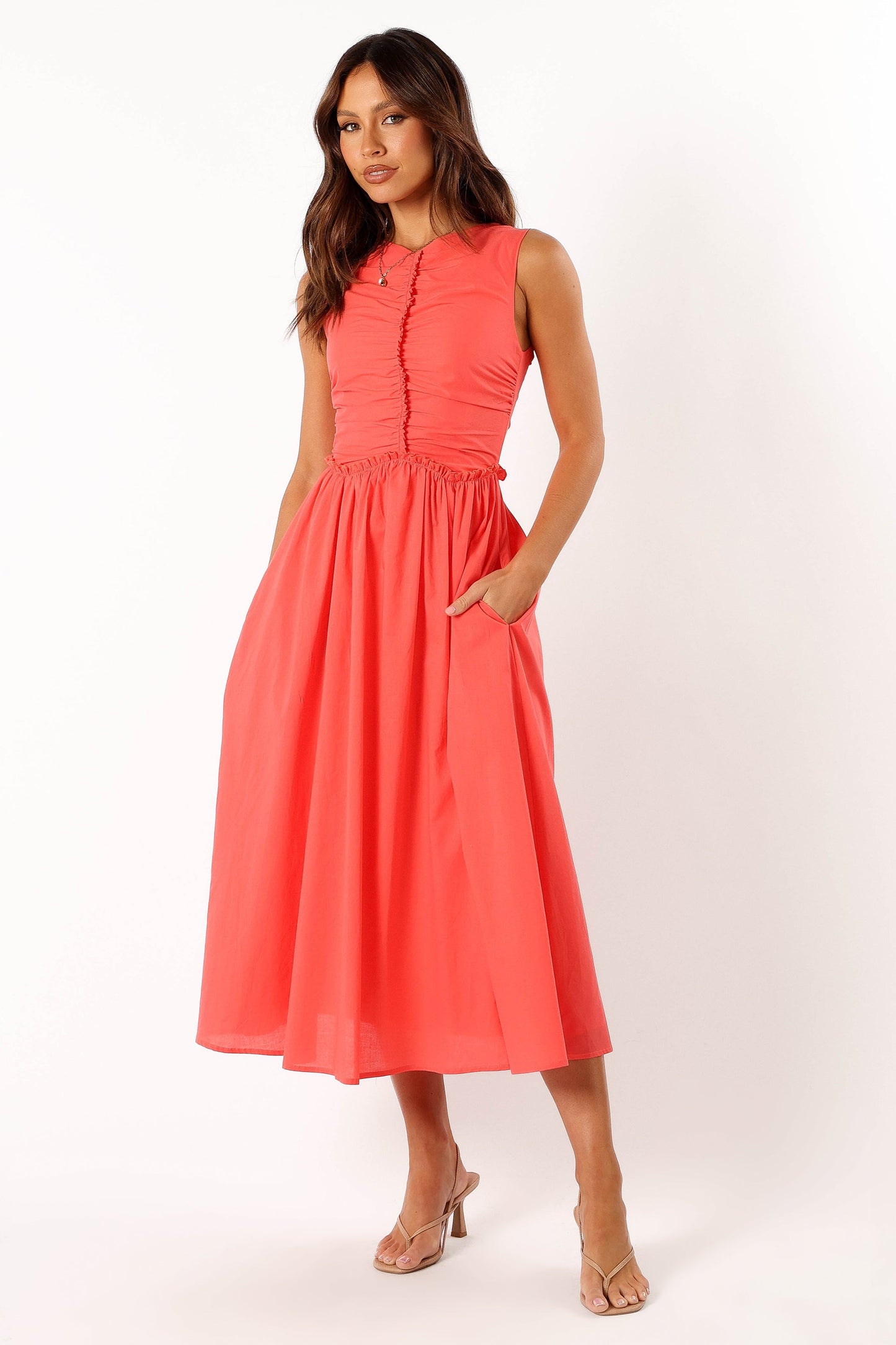 Violetta Ruched Midi Dress - Coral