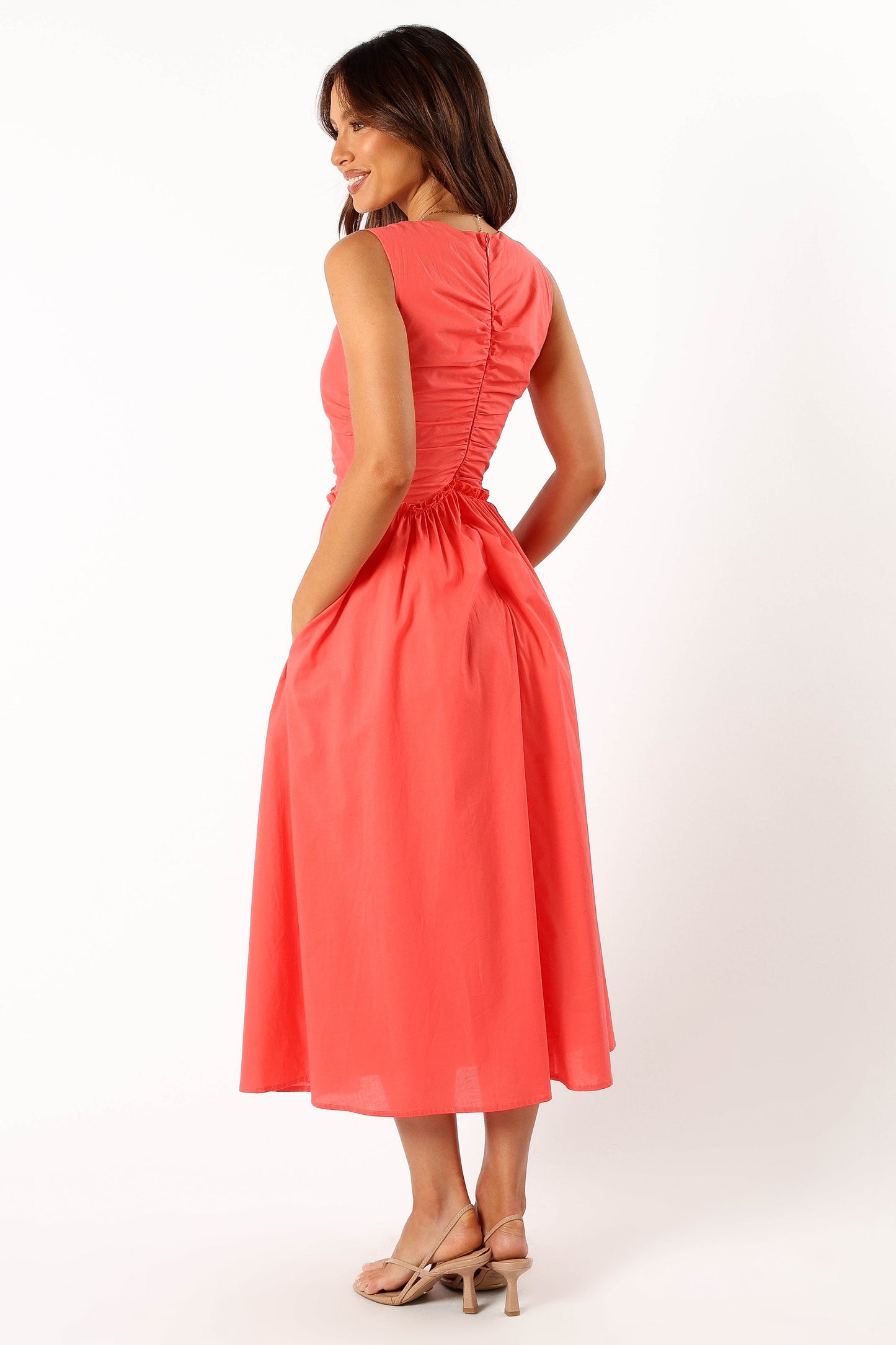 Violetta Ruched Midi Dress - Coral