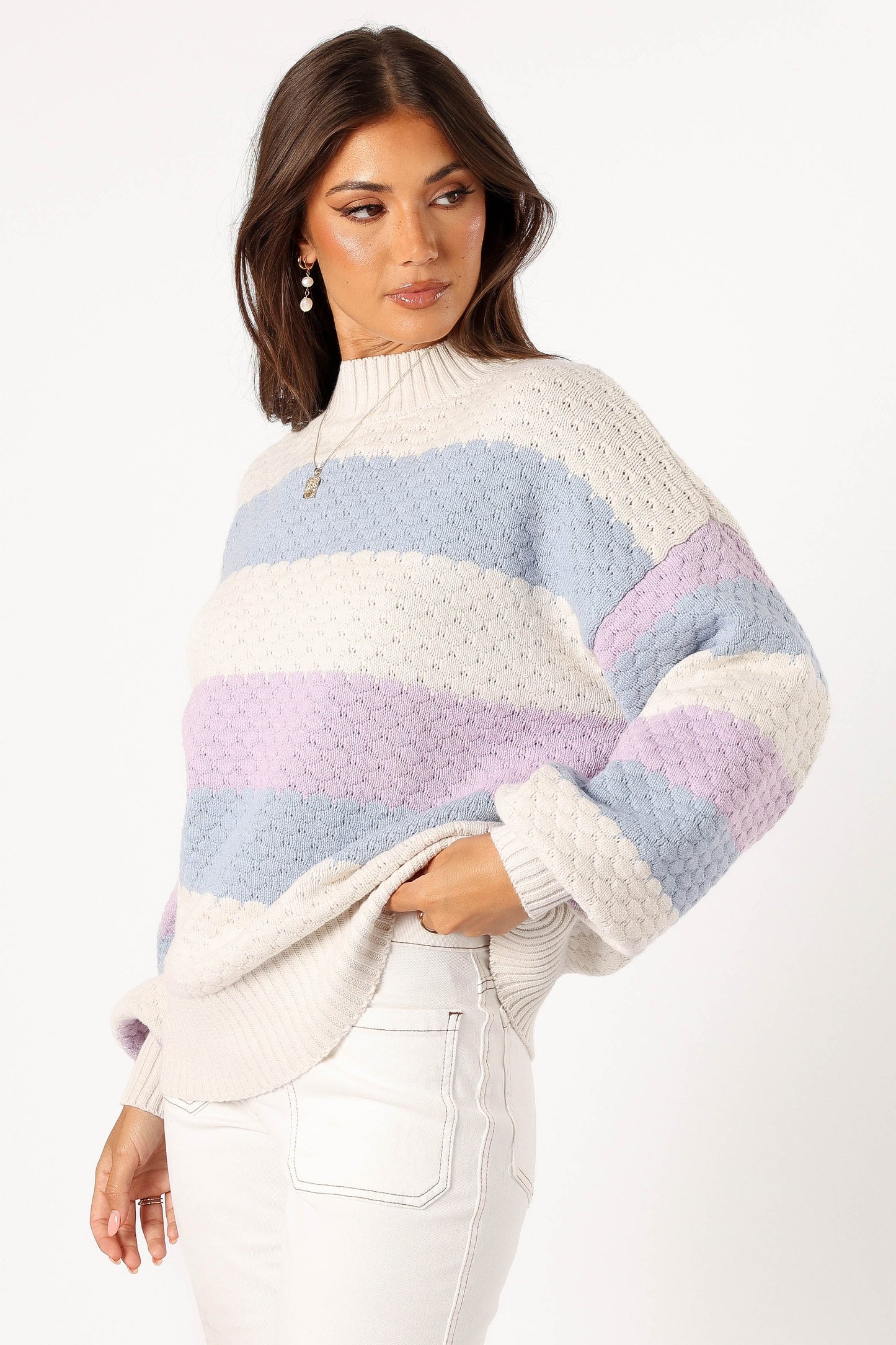 Dani Multi Stripe Knit Sweater - White Light Blue